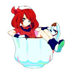 Rule 34 | 1girl, bandana, blue eyes, brown hair, creatures (company), cup, game freak, gloves, in container, in cup, lowres, may (pokemon), mini person, minigirl, nintendo, pokemon, red hair, short hair, simple background, solo, teacup, white background