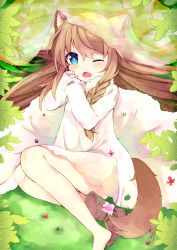 Rule 34 | 1girl, ;o, animal ears, bare legs, barefoot, blue eyes, boots, braid, brown hair, commentary request, dress, fang, grass, long hair, long sleeves, lying, maki soutoki, one eye closed, original, side braid, single boot, single braid, solo, tail, veil, very long hair, wolf ears, wolf tail