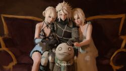 Rule 34 | 1boy, 1other, 2girls, artist name, bandages, blue eyes, breasts, brown eyes, cleavage, commentary, couch, dress, emil (nier), gloves, group picture, hair between eyes, headpat, highres, kaine (nier), leaning on person, light smile, lingerie, looking at another, looking at viewer, malphier, medium breasts, messy hair, multiple girls, nier, nier (series), nier (young), on couch, scarf, short hair, siblings, sitting, sleeveless, sleeveless dress, underwear, white dress, white hair, yonah