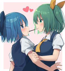 Rule 34 | 2girls, arm grab, ascot, blue bow, blue eyes, blue hair, blush, bow, cirno, commentary request, daiyousei, eye contact, food, green eyes, green hair, hair bow, hair ribbon, heart, highres, looking at another, mamemochi, mouth hold, multiple girls, pocky, pocky kiss, ribbon, shared food, short hair, short sleeves, side ponytail, smile, touhou, yellow ascot, yellow ribbon, yuri