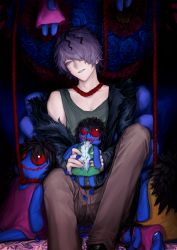Rule 34 | 1boy, absurdres, black jacket, blue flower, brown pants, commentary, doll, doll (ib), feet out of frame, flower, garry (ib), green shirt, green tank top, hair over one eye, hanging, highres, holding, holding doll, ib (kouri), jacket, joki yoh, long sleeves, looking at object, male focus, noose, one eye covered, open mouth, pants, petals, purple eyes, purple hair, red flower, red rope, red rose, rope, rose, shirt, short hair, sleeveless, sleeveless shirt, smile, solo, stuffed toy, tank top, teeth