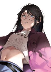 1girl asuzemu belt black_belt black_hair blue_eyes blush breasts buttons earrings glasses hair_down hoop_earrings idolmaster idolmaster_shiny_colors jacket jewelry long_hair lying mitsumine_yuika navel no_headwear on_back open_mouth pink_jacket shirt small_breasts solo white_background white_shirt