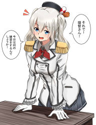 Rule 34 | 10s, 1girl, baretto (karasi07), beret, blue eyes, blush, bow, collared shirt, gloves, hat, highres, jacket, kantai collection, kashima (kancolle), leaning on object, military jacket, necktie, open mouth, shirt, silver hair, skirt, smile, solo, table, twintails