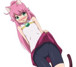 Rule 34 | 10s, 1girl, animal ears, arm behind back, bike shorts, blush, cat ears, cat tail, clothes lift, commentary request, gluteal fold, green eyes, gundam, gundam build divers, lifting own clothes, long hair, open mouth, pink hair, ponytail, red skirt, shirt, shorts, shorts under skirt, simple background, skirt, skirt lift, sleeveless, sleeveless shirt, smile, solo, tail, thigh gap, white background, white shirt, yashiro momoka