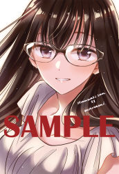 Rule 34 | 1girl, black-framed eyewear, black hair, blush, character name, commentary request, copyright name, glasses, himawari-san, himawari-san (character), lips, looking at viewer, parted lips, pink lips, purple eyes, sample watermark, shirt, signature, simple background, smile, solo, sugano manami, upper body, watermark, white background, white shirt