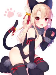 Rule 34 | 1girl, :o, animal ears, animal hands, bad id, bad pixiv id, bare shoulders, bell, black leotard, black thighhighs, blonde hair, blush, breasts, cat ears, cat tail, center opening, dangeroes beast (illya), elbow gloves, fake animal ears, fang, fate/kaleid liner prisma illya, fate (series), gloves, hairband, heart, highres, illyasviel von einzbern, jingle bell, leotard, long hair, looking at viewer, mafuyu (chibi21), navel, official alternate costume, open mouth, paw gloves, red eyes, red ribbon, revision, ribbon, small breasts, solo, tail, tail bell, tail ornament, tail ribbon, thighhighs, underboob, white hair