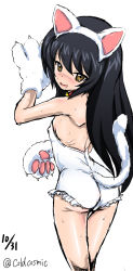 Rule 34 | 10s, 1girl, animal costume, animal ears, animal hands, ass, bell, black hair, brown eyes, cat costume, cat ears, cat tail, collar, covered erect nipples, cowboy shot, dated, fake animal ears, frilled leotard, frills, girls und panzer, gloves, highres, leotard, looking at viewer, looking back, loriko, neck bell, parted lips, paw gloves, reizei mako, saliva, short hair, simple background, sketch, smile, solo, standing, strapless, strapless leotard, sweat, tail, twitter username, white background, white legwear, white leotard