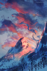 Rule 34 | cloud, commentary, dragon, eastern dragon, english commentary, fantasy, flying, highres, mountain, nature, no humans, original, outdoors, scenery, sky, snow, tree, watermark, web address, winter, yuumei