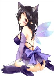 Rule 34 | 1girl, animal ears, player character (mabinogi), bad id, bad pixiv id, black hair, blush, breasts, elf, extra ears, facial mark, fairy wings, highres, large breasts, long hair, mabinogi, marisasu (marisa0904), pointy ears, red eyes, solo, thighhighs, wings