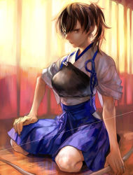 Rule 34 | 10s, 1girl, bow (weapon), brown eyes, brown hair, day, hair between eyes, indoors, japanese clothes, kaga (kancolle), kantai collection, looking at viewer, lor968, muneate, seiza, short hair, side ponytail, sitting, solo, weapon