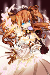 Rule 34 | blue eyes, brooch, candy, dress, food, gloves, grin, hair ribbon, holding, isfeldt (sword girls), jewelry, lollipop, lowres, orange hair, pointing, ribbon, smile, solo, sword girls, twintails, writing