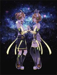 Rule 34 | 1boy, 1girl, ahoge, audio visualizer, black footwear, black shorts, black sleeves, blonde hair, blouse, blue eyes, boots, bow, brother and sister, choker, commentary request, detached sleeves, floating, glowing clothes, gradient sleeves, hair bow, hairband, headphones, highres, holding hands, kagamine len, kagamine len (append), kagamine rin, kagamine rin (append), knee boots, long sleeves, neon trim, omachi mozu, see-through, see-through sleeves, shirt, short hair, shorts, siblings, space, thigh boots, thighhighs, vocaloid, vocaloid append, white bow, white hairband, white shirt, white shorts