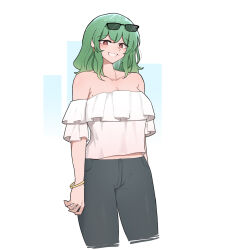 Rule 34 | 1girl, :d, alternate costume, bangle, bare shoulders, bracelet, breasts, cleavage, collarbone, cowboy shot, cropped legs, earrings, eyewear on head, frills, green hair, grin, highres, jewelry, kazami yuuka, large breasts, looking at viewer, mata (matasoup), medium hair, midriff peek, off-shoulder shirt, off shoulder, open mouth, red eyes, shirt, simple background, sleeveless, sleeveless shirt, smile, solo, sunglasses, touhou, white background