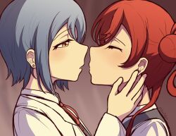 Rule 34 | 2girls, blue hair, blurry, blurry background, blush, brown eyes, closed eyes, commentary, earrings, english commentary, from side, hair behind ear, hair bun, hands on another&#039;s face, head tilt, imminent kiss, jewelry, lab coat, long hair, love live!, love live! superstar!!, multiple girls, neck ribbon, red ribbon, ribbon, shirt, short hair, single side bun, sket (yurisket), wakana shiki, white shirt, yoneme mei, yuri