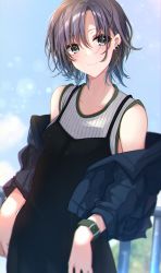 Rule 34 | 1girl, asakura toru, bad id, bad pixiv id, bare shoulders, black dress, blue eyes, blue jacket, breasts, closed mouth, commentary request, day, dress, ear piercing, earrings, grey hair, hair between eyes, highres, hoop earrings, idolmaster, idolmaster shiny colors, jacket, jewelry, long sleeves, looking at viewer, off shoulder, open clothes, open jacket, outdoors, piercing, railing, satoimo chika, shirt, short hair, sleeveless, sleeveless dress, sleeveless shirt, small breasts, smile, solo, striped clothes, striped shirt, vertical-striped clothes, vertical-striped shirt, white shirt