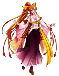 Rule 34 | 1girl, absurdres, code geass, dress, female focus, green eyes, happy, highres, japanese clothes, kimono, long hair, looking at viewer, orange hair, ponytail, scan, shirley fenette, shoes, simple background, smile, solo, very long hair, white background