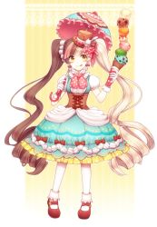 Rule 34 | 1girl, :q, blonde hair, bow, brown bow, brown hair, corset, curly hair, dress, earrings, food, food-themed clothes, fork, full body, gloves, hair ribbon, hat, highres, holding, ice cream, ice cream cone, jewelry, kiritani846, lolita fashion, long hair, mary janes, mini hat, mini top hat, multicolored hair, original, outline, outside border, pale skin, parasol, personification, pink bow, pink hair, pocketland, polka dot, polka dot bow, red footwear, ribbon, shoes, socks, solo, spoon, stack, standing, sweet lolita, tongue, tongue out, top hat, twintails, umbrella, very long hair, white gloves, white socks, yellow eyes