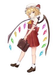 Rule 34 | 1girl, adapted costume, ascot, back bow, bag, blonde hair, bow, brown bag, brown footwear, center frills, closed mouth, collared shirt, crystal, flandre scarlet, frilled sleeves, frills, from side, full body, hair between eyes, hat, head tilt, highres, holding, holding bag, huyuita (lona roll), light smile, loafers, looking at viewer, medium skirt, mob cap, multicolored wings, pleated skirt, red bow, red eyes, red skirt, red vest, shirt, shoes, short hair, simple background, skirt, socks, solo, touhou, vest, white background, white hat, white shirt, white socks, wings, yellow ascot