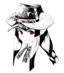 Rule 34 | 1girl, animal ears, braid, closed mouth, greyscale, hat, horned girl (jaco), horns, jaco, long hair, looking at viewer, monochrome, necktie, original, red eyes, simple background, smile, solo, spot color, white background