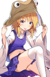 Rule 34 | 1girl, :p, blonde hair, brown hat, commentary request, e.o., hat, highres, long sleeves, looking at viewer, midriff, moriya suwako, navel, purple skirt, sitting, skirt, solo, thighhighs, thighs, tongue, tongue out, touhou, white thighhighs, yellow eyes