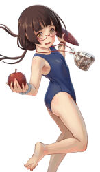 Rule 34 | 10s, 1girl, :o, amayadori machi, apple, armpits, ass, bag, barefoot, bespectacled, black hair, blue one-piece swimsuit, blunt bangs, blush, bracelet, breasts, brown eyes, artistic error, feet, flat ass, floating hair, food, from side, fruit, glasses, hime cut, holding, jewelry, kumamiko, leg lift, leg up, legs, long hair, looking at viewer, looking back, low twintails, necklace, one-piece swimsuit, open mouth, orange eyes, outstretched arms, pinakes, red-framed eyewear, school swimsuit, semi-rimless eyewear, simple background, small breasts, soles, solo, spread arms, standing, standing on one leg, swimsuit, transparent, twintails, under-rim eyewear, wavy mouth, white background, wrong foot