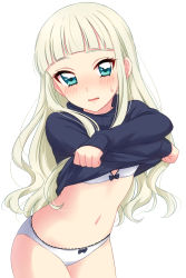 Rule 34 | 1girl, absurdres, aikatsu!, aikatsu! (series), blonde hair, blue eyes, blue sweater, blunt bangs, blush, bow, bow bra, bow panties, bra, clothes lift, cowboy shot, highres, lifted by self, long hair, long sleeves, looking at viewer, navel, panties, parted lips, sekina, simple background, solo, standing, sweatdrop, sweater, sweater lift, thigh gap, todo yurika, underwear, undressing, wavy mouth, white background, white bra, white panties