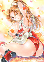 Rule 34 | 1girl, armpits, ass, at classics, breasts, brown eyes, brown hair, cleft of venus, falling leaves, fatal fury, large breasts, leaf, long hair, panties, ponytail, shiranui mai, the king of fighters, underwear