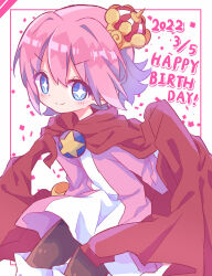 Rule 34 | 1boy, 2022, absurdres, blue eyes, blush, cape, crown, futaba969649, gloves, happy birthday, highres, long sleeves, looking at viewer, mini crown, ocean prince, pink hair, puyopuyo, red cape, salde canarl shellbrick iii, solo, star (symbol), white background