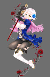 Rule 34 | 1girl, apt, aqua eyes, boots, breasts, capelet, chain, covered navel, flower, full body, grey background, gyakushuu no fantasica, hair flower, hair ornament, heterochromia, high heel boots, high heels, highres, knee boots, leaf, medium hair, official art, simple background, solo, sword, torn clothes, weapon, white hair, yellow eyes