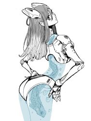 Rule 34 | 1girl, acky bright, air bubble, android, animal, bubble, feet out of frame, fish, fish tank, head tilt, highres, long hair, mechanical arms, original, see-through, see-through body, simple background, white background