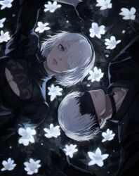 Rule 34 | 1boy, 1girl, 2b (nier:automata), 9s (nier:automata), black blindfold, black choker, black gloves, black hairband, blindfold, blue eyes, breasts, choker, cleavage, cleavage cutout, clothing cutout, commentary, field, flower, flower field, gloves, hair over one eye, hairband, highres, juliet sleeves, long sleeves, lying, medium breasts, nier:automata, nier (series), no blindfold, on back, parted lips, puffy sleeves, rotational symmetry, turtleneck, uqi32, white hair