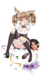 Rule 34 | 1girl, :3, animal ears, asymmetrical legwear, bad id, bad pixiv id, black hat, black skirt, black socks, blunt bangs, blush, blush stickers, bow, bowtie, breasts, brown bow, brown bowtie, brown eyes, brown footwear, brown hair, collared shirt, confetti, copyright name, corset, drooling, elbow gloves, frilled gloves, frilled kneehighs, frilled sleeves, frills, gloves, hat, head tilt, heart, heart-shaped pupils, highres, kangaroo ears, kneehighs, long hair, looking at viewer, maid, mary janes, medium breasts, mini hat, mini top hat, mvv, noah fantasy, nose blush, official art, open mouth, panties, partially visible vulva, pink bow, shirt, shoes, sidelocks, simple background, single kneehigh, single shoe, single sock, single thighhigh, sitting, skirt, sleeveless, sleeveless shirt, socks, solo, symbol-shaped pupils, tears, teeth, thighhighs, top hat, torn clothes, torn legwear, torn shirt, torn skirt, twintails, underwear, uneven legwear, unworn hat, unworn headwear, unworn shoe, unworn shoes, upper teeth only, white background, white gloves, white panties, white shirt, wiping tears, x x