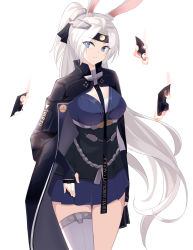 Rule 34 | 1girl, animal ear fluff, animal ears, azur lane, beijiushui, blue eyes, breasts, burned paper, cape, card, character name, cleavage, dress, eyes visible through hair, fingerless gloves, gloves, high ponytail, highres, hiryuu (azur lane), hiryuu (meta) (azur lane), holding, holding card, long hair, purple dress, rabbit ears, short dress, simple background, single thighhigh, solo, thighhighs, thighs, underbust, very long hair, white background, white hair, white thighhighs