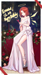 Rule 34 | 1girl, absurdres, alcohol, alternate costume, alternate hairstyle, arknights, bare legs, bare shoulders, champagne flute, character name, commentary request, cup, dated, dress, drinking glass, exusiai (arknights), flower, halo, happy birthday, high heels, highres, holding, holding cup, looking at viewer, off-shoulder dress, off shoulder, red eyes, red flower, red hair, red rose, rose, short hair, sitting, smile, solo, thighs, toyzz (wanjuww), white dress, white footwear, wine