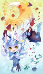 Rule 34 | 1girl, animal ear fluff, animal ears, autumn, autumn leaves, bell, berry, black gloves, black pantyhose, blonde hair, blue jacket, capelet, fang, fox ears, fox girl, fox tail, frilled skirt, frills, full body, fur-trimmed capelet, fur-trimmed footwear, fur trim, gloves, hair bell, hair between eyes, hair ornament, highres, hisana, ice skates, jacket, light blush, long hair, looking at viewer, miniskirt, multicolored hair, mushroom, nut (food), open mouth, original, pantyhose, pinecone, red scarf, red skirt, scarf, sidelocks, skates, skirt, smile, snowball, snowflakes, snowman, solo, tail, two-tone hair, very long hair, white hair, winter, yellow eyes