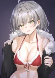 Rule 34 | 1girl, absurdres, bare shoulders, bikini, black jacket, blush, breasts, cleavage, collarbone, embarrassed, fate/grand order, fate (series), fur-trimmed bikini, fur-trimmed jacket, fur trim, head tilt, highres, jacket, jeanne d&#039;arc (fate), jeanne d&#039;arc alter (avenger) (fate), jeanne d&#039;arc alter (fate), kohaku teru, large breasts, long sleeves, looking at viewer, off shoulder, open clothes, open jacket, parted lips, purple background, red bikini, scowl, short hair, silver hair, simple background, solo, sweat, swimsuit, undressing, upper body, v-shaped eyebrows, yellow eyes