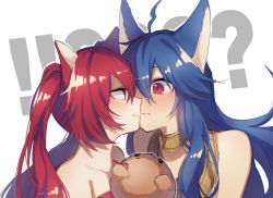Rule 34 | 10s, 2girls, animal ears, bad id, bad pixiv id, bare shoulders, blue hair, blush, cerberus (shingeki no bahamut), commentary request, coyucom, dog ears, erune, eye contact, face-to-face, female focus, fenrir (shingeki no bahamut), granblue fantasy, hand puppet, imminent kiss, jewelry, kiss, long hair, looking at another, multiple girls, neck, neck ring, puppet, red eyes, red hair, shingeki no bahamut, shingeki no bahamut: genesis, slit pupils, smile, strapless, twintails, upper body, very long hair, yuri