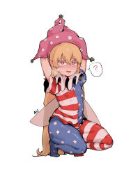 Rule 34 | 1girl, ?, absurdres, american flag dress, american flag legwear, arms behind head, bad id, bad pixiv id, blonde hair, breasts, clownpiece, dress, fairy wings, full body, hat, heart, heart-shaped pupils, heavy breathing, highres, jester cap, long hair, looking at viewer, neck ruff, pantyhose, pink hat, polka dot, short sleeves, simple background, small breasts, solo, soya6479, spoken question mark, squatting, star (symbol), star print, striped, symbol-shaped pupils, touhou, very long hair, white background, wings