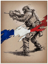 Rule 34 | 1other, 2015, aiming, ambiguous gender, ammunition pouch, assault rifle, bag, belt pouch, body armor, boots, border, bullpup, combat boots, combat helmet, commentary, covered mouth, english commentary, facebook username, famas, fatigues, france, french army, french commentary, french flag, from side, full body, gloves, gradient background, gun, gun sling, handle, headset, helmet, highres, holding, holding gun, holding weapon, jacket, kanji, light brown background, load bearing equipment, load bearing vest, long sleeves, looking ahead, looking to the side, mar-c!, mask, military, military jacket, military uniform, mixed-language commentary, nose, optical sight, original, other focus, pants, paper texture, photoshop (medium), pocket, pouch, profile, rifle, safety glasses, signature, sketch, soldier, solo, splatter, spot color, standing, traditional media, uniform, vignetting, watermark, weapon, web address, white border