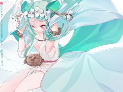 Rule 34 | 1girl, bow, breasts, green hair, hair bow, hair ornament, highres, kaede (shijie heping), long earlobes, long hair, mole, multiple hair bows, one eye closed, original, pink eyes, ribbon, robe, see-through, small breasts, smile, wind, wristband