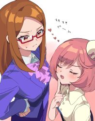 Rule 34 | 2girls, akai meganee, ayase naru, blue jacket, bow, brown hair, closed eyes, closed mouth, collared shirt, commentary request, finger to own chin, frown, glasses, hand on own hip, hand up, heart, highres, jacket, long hair, looking at another, multiple girls, open mouth, pink bow, pink hair, pretty rhythm, pretty rhythm rainbow live, pretty series, red-framed eyewear, semi-rimless eyewear, shirt, short hair, standing, sweatdrop, translation request, tsujii luki, under-rim eyewear, upper body, white shirt