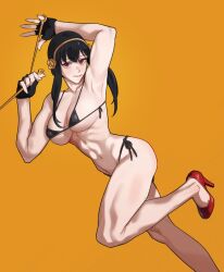Rule 34 | 1girl, armpits, bikini, black bikini, black gloves, black hair, blush, breasts, cleavage, female focus, fingerless gloves, gloves, hairband, high heels, highres, holding, holding weapon, hong doo, large breasts, long hair, looking at viewer, micro bikini, navel, red eyes, red footwear, simple background, solo, spy x family, swimsuit, toned female, weapon, yellow background, yor briar