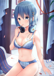 1girl bad_id bad_pixiv_id blue_bra blue_eyes blue_hair blue_panties bra breasts cleavage curtains flower hair_between_eyes headphones headphones_around_neck highres lace lace-trimmed_bra lace-trimmed_panties lace_trim lipstick mahou_shoujo_madoka_magica mahou_shoujo_madoka_magica_(anime) makeup medium_breasts miki_sayaka panties short_hair solo suzugahama underwear underwear_only