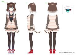 Rule 34 | 1girl, animal ears, aqua eyes, arm belt, belt, black shirt, black thighhighs, blush, breasts, brown hair, brown hoodie, brown skirt, cat ears, cat girl, cat tail, character name, closed mouth, collarbone, converse, copyright name, fish hair ornament, full body, fumino tamaki, fumino tamaki (1st costume), gradient hair, hair between eyes, hair ornament, highres, hood, hood down, hoodie, large breasts, long sleeves, looking at viewer, multicolored hair, multiple views, nezumidoshi, nijisanji, official art, partially unzipped, pleated skirt, red footwear, second-party source, shirt, shoes, short hair, simple background, skirt, sneakers, striped clothes, striped hoodie, striped tail, tachi-e, tail, thighhighs, virtual youtuber, white background, white belt, zettai ryouiki