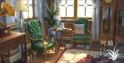 Rule 34 | book, bookcase, chair, clock, cup, curtains, desk, grandfather clock, highres, indoors, lamp, no humans, original, parquet floor, phonograph, pillow, plant, plate, potted plant, rug, scenery, shelf, table, teacup, teapot, throw pillow, vase, window, xingzhi lv