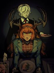 Rule 34 | 2400db, 2girls, absurdres, antlers, arms on table, black jacket, black suit, blonde hair, blood, blood on antlers, blood on face, blush, brown hairband, closed mouth, dining room, dress shirt, faust (project moon), food, formal, freckles, green eyes, green jacket, grey eyes, hairband, hannibal (tv series), highres, holding, holding plate, horns, indoors, ishmael (project moon), jacket, limbus company, looking ahead, looking at viewer, multiple girls, necktie, plate, project moon, red necktie, red shirt, shirt, short hair, sideways glance, suit, suit jacket, table, white shirt