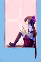 Rule 34 | 1girl, bad id, bad pixiv id, brown hair, cellphone, checkered clothes, checkered skirt, female focus, from side, hair ribbon, hat, himekaidou hatate, kaito (k4itoh), kneehighs, long hair, looking up, phone, profile, purple eyes, ribbon, sitting, skirt, socks, solo, tears, tokin hat, touhou, twintails, very long hair, window, windowsill
