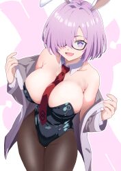 Rule 34 | 1girl, absurdres, animal ears, between breasts, black leotard, blue leotard, blush, bow, bowtie, breasts, brown pantyhose, cleavage, covered navel, curio (curiofinity), detached collar, fake animal ears, fake tail, fate/grand order, fate (series), glasses, hair over one eye, highleg, highleg leotard, highres, jacket, large breasts, leotard, light purple hair, looking at viewer, mash kyrielight, medium hair, necktie, necktie between breasts, open clothes, open jacket, pantyhose, playboy bunny, purple eyes, rabbit ears, rabbit tail, smile, solo, strapless, strapless leotard, tail, traditional bowtie, wrist cuffs