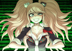 Rule 34 | 1girl, akisora, bear hair ornament, black bra, blonde hair, blue eyes, bow, bra, breast press, breasts, breasts squeezed together, choker, cleavage, collarbone, commentary request, danganronpa: trigger happy havoc, danganronpa (series), enoshima junko, evil grin, evil smile, frilled bra, frills, giant, giantess, grin, hair ornament, half-closed eye, highres, large breasts, long hair, looking at viewer, mini person, miniboy, nail polish, necktie, person between breasts, red bow, red bra, red nails, school uniform, sleeves rolled up, smile, solo focus, twintails, two-tone bra, underwear, white neckwear