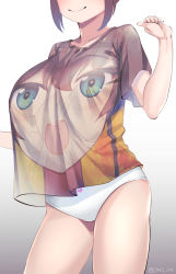 Rule 34 | 1girl, breasts, character print, cowboy shot, head out of frame, highres, hololive, joeychen, large breasts, natsuiro matsuri, no pants, panties, see-through silhouette, self character print, shirt, shirt overhang, simple background, smile, solo, t-shirt, underwear, virtual youtuber